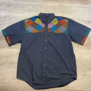 VINTAGE Reserve Menswear Hand Embroidered Aztec Button Down Top Mens Size Large